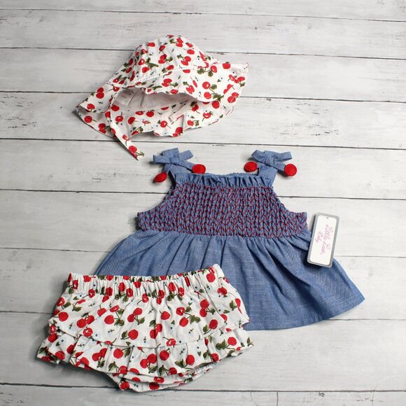 Little Lass Baby Girl's Short Set Bloomers Hat Size 0-3 Months Cherry Smocked - Picture 2 of 9